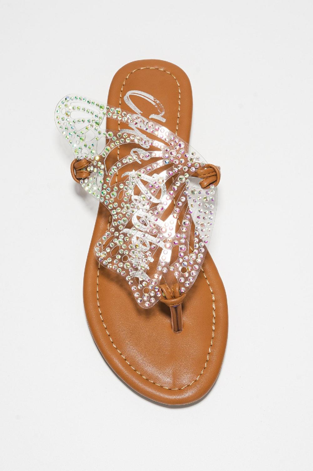 Cape Robbin Rossie Rhinestone Butterfly Embellished Thong Sandals - Tan