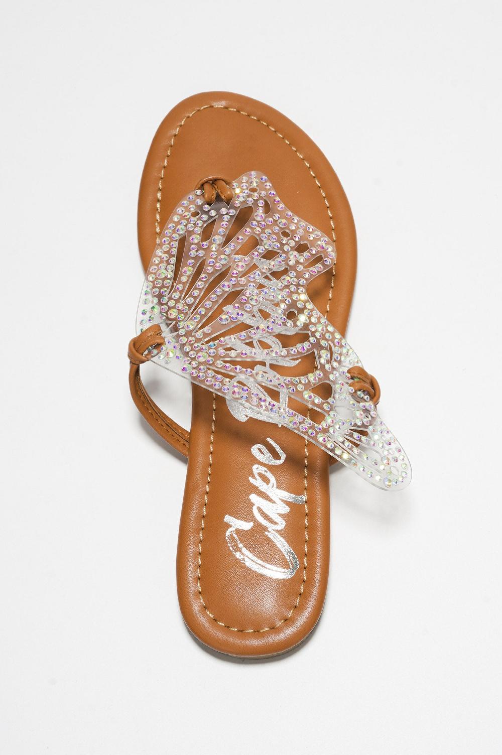 Cape Robbin Rossie Rhinestone Butterfly Embellished Thong Sandals - Tan
