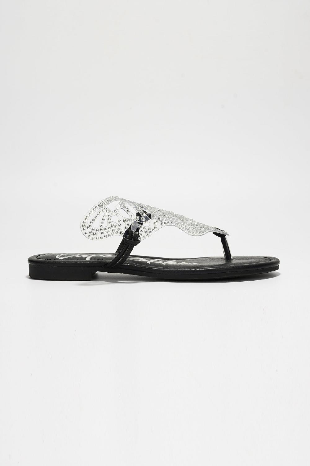 Cape Robbin Rossie Rhinestone Butterfly Embellished Thong Sandals - Black
