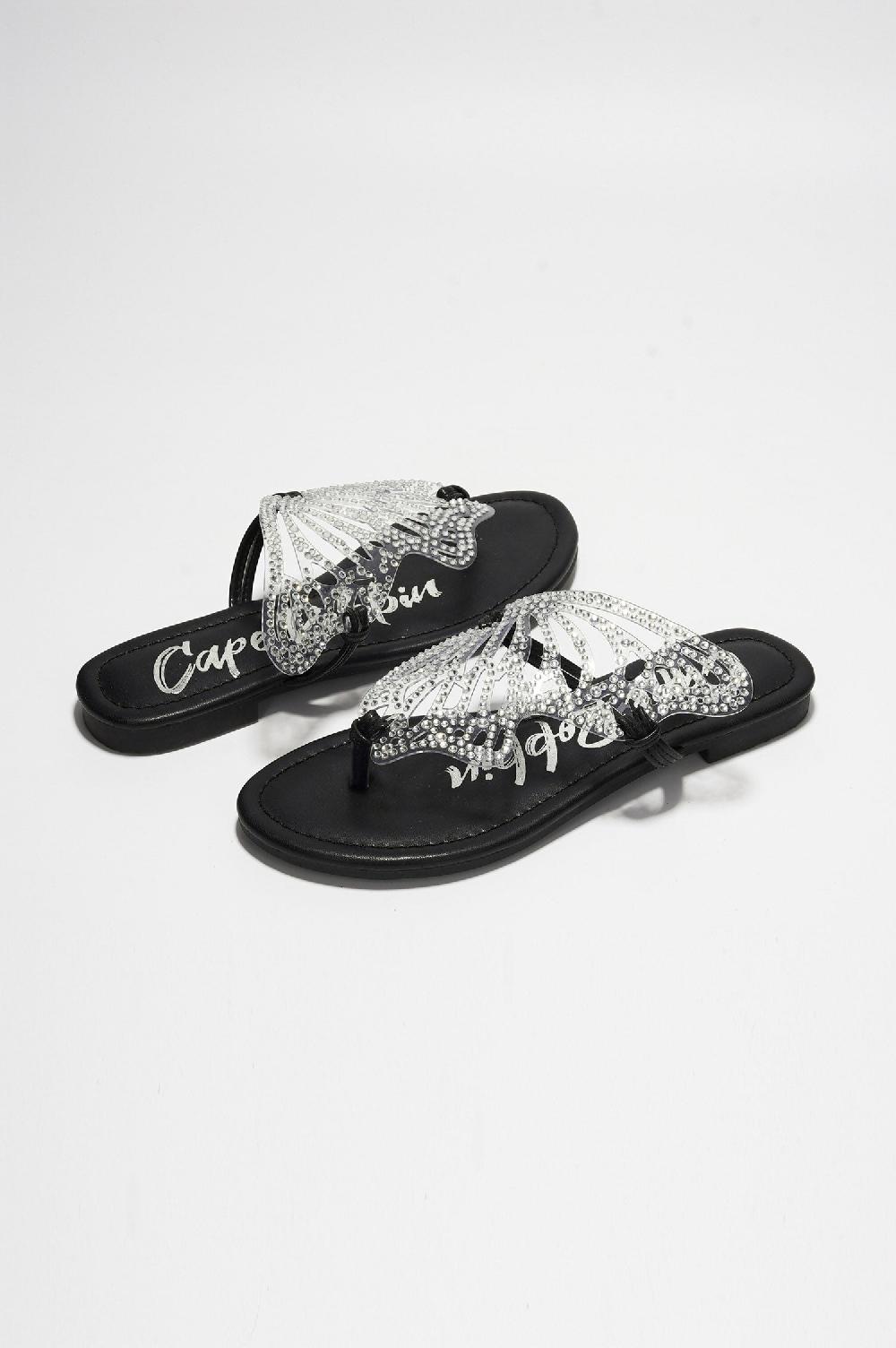 Cape Robbin Rossie Rhinestone Butterfly Embellished Thong Sandals - Black