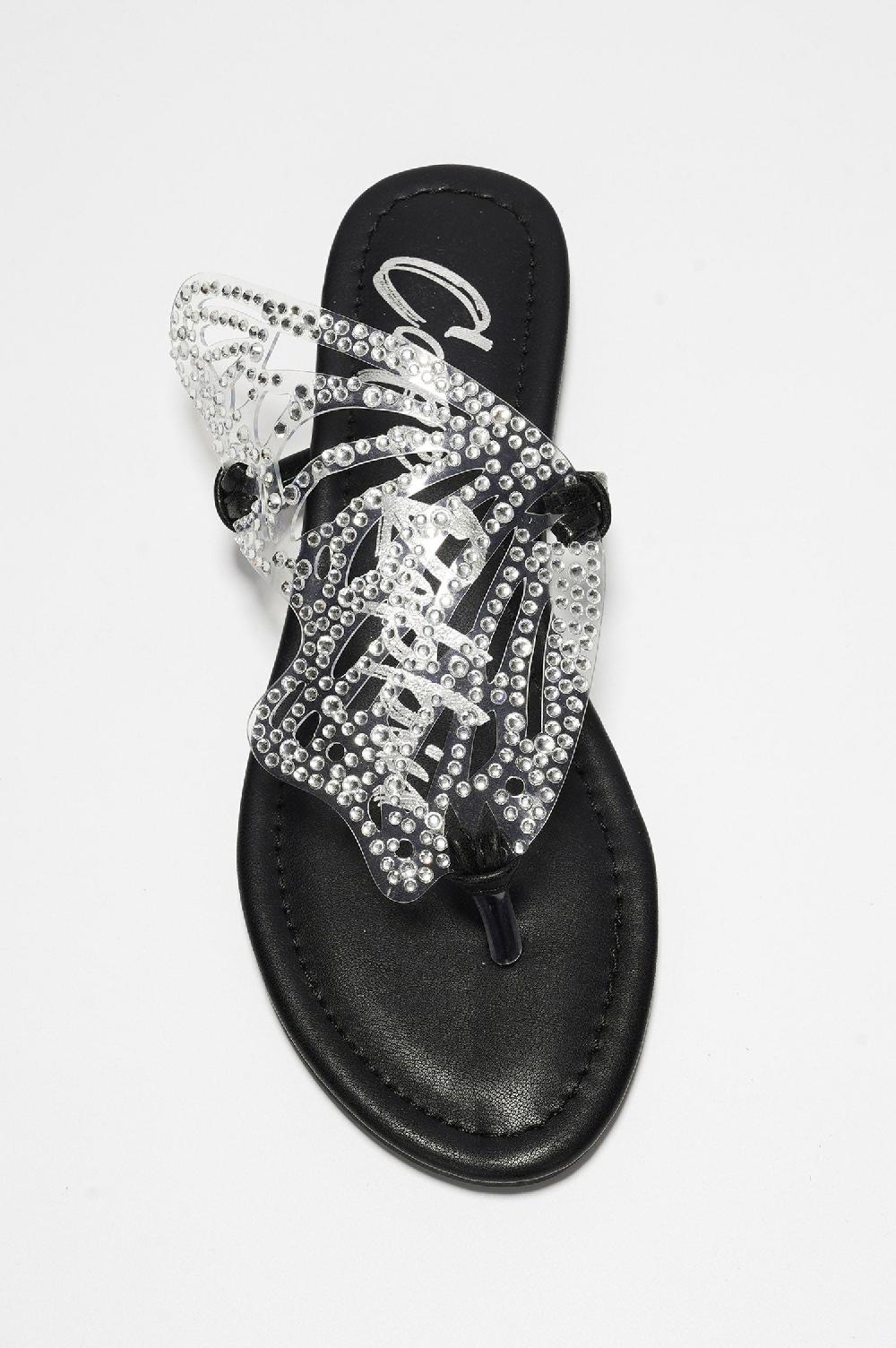 Cape Robbin Rossie Rhinestone Butterfly Embellished Thong Sandals - Black