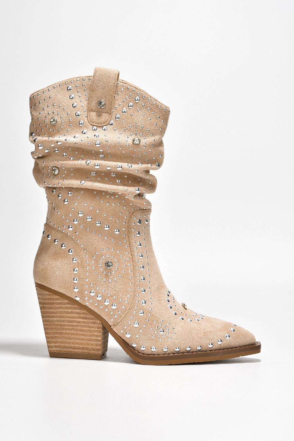 Cape Robbin Roya Rhinestone Suede Slouch Ankle Booties - Beige