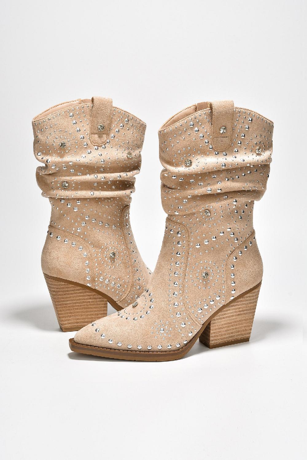 Cape Robbin Roya Rhinestone Suede Slouch Ankle Booties - Beige