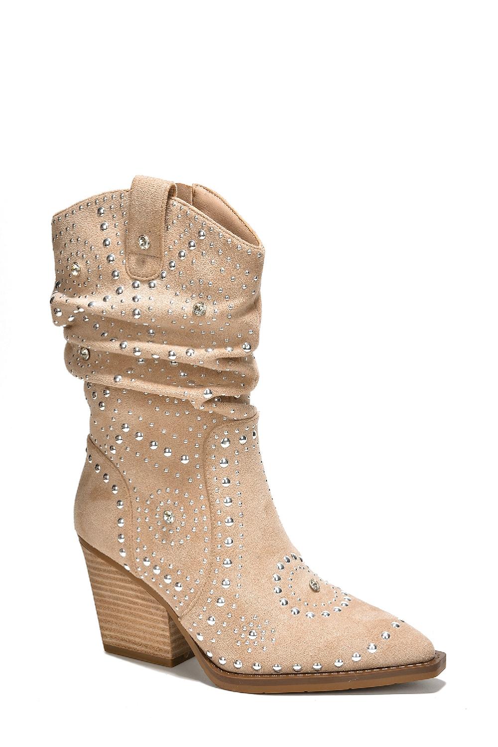 Cape Robbin Roya Rhinestone Suede Slouch Ankle Booties - Beige