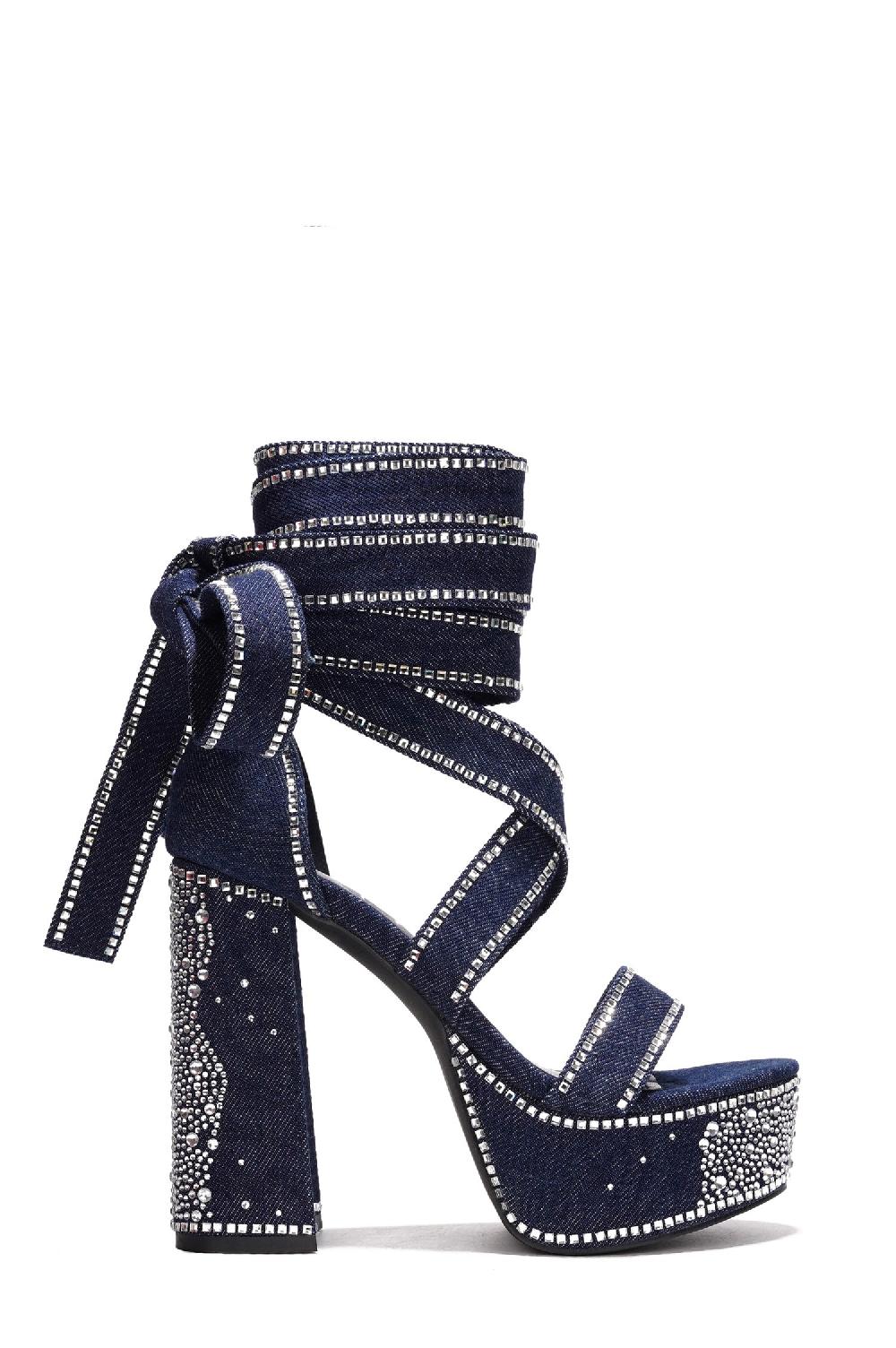 Cape Robbin Rozalie Rhinestone Lace Up Chunky Block Platform Heels - Denim