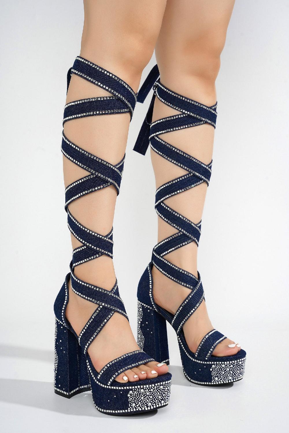 Cape Robbin Rozalie Rhinestone Lace Up Chunky Block Platform Heels - Denim
