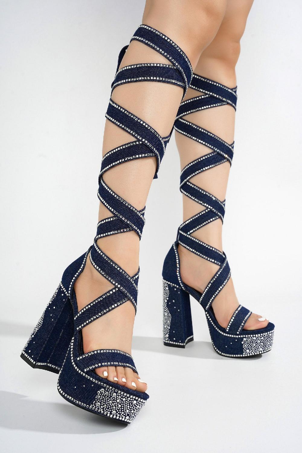 Cape Robbin Rozalie Rhinestone Lace Up Chunky Block Platform Heels - Denim