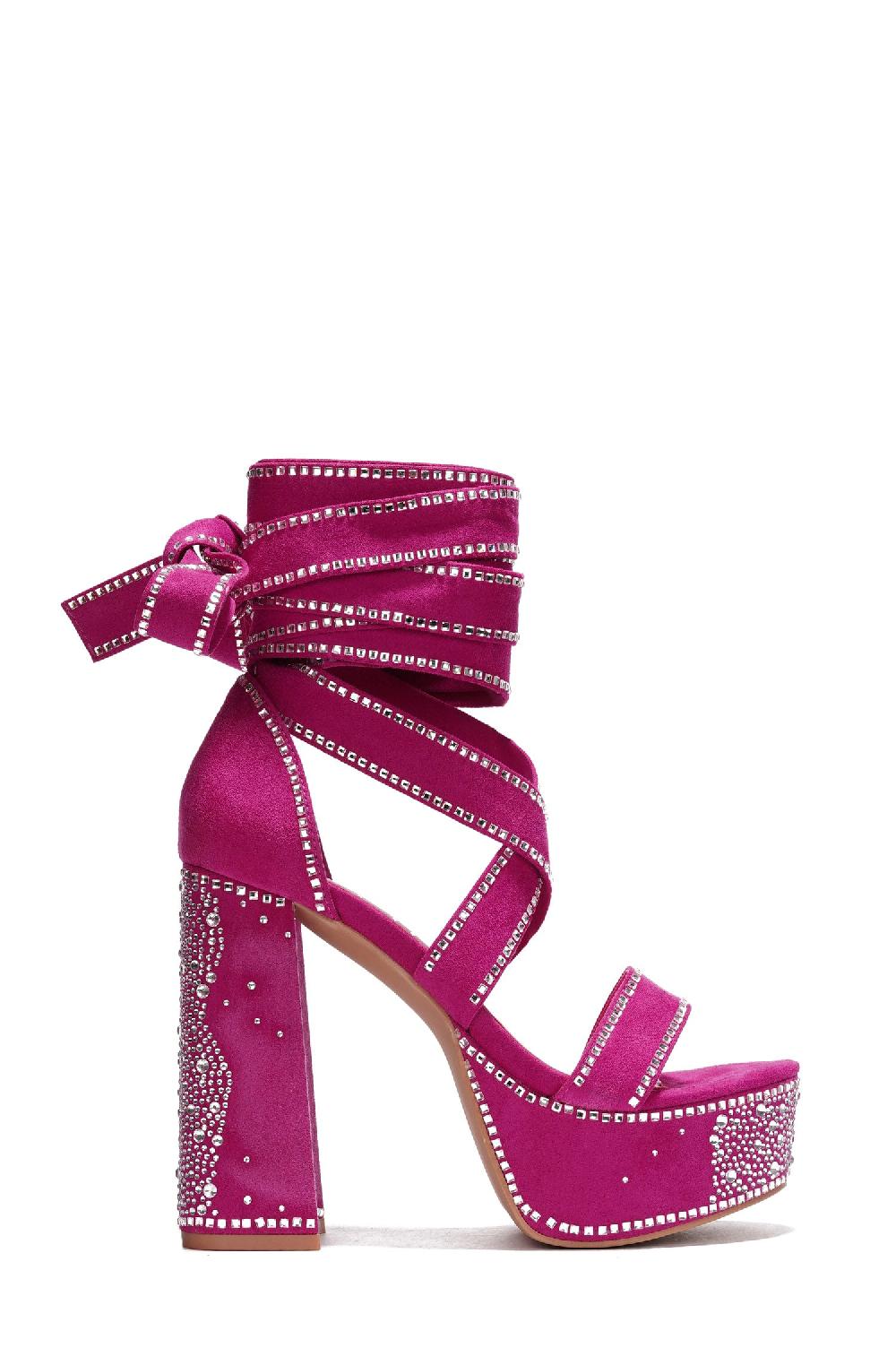 Cape Robbin Rozalie Rhinestone Lace Up Chunky Block Platform Heels - Pink