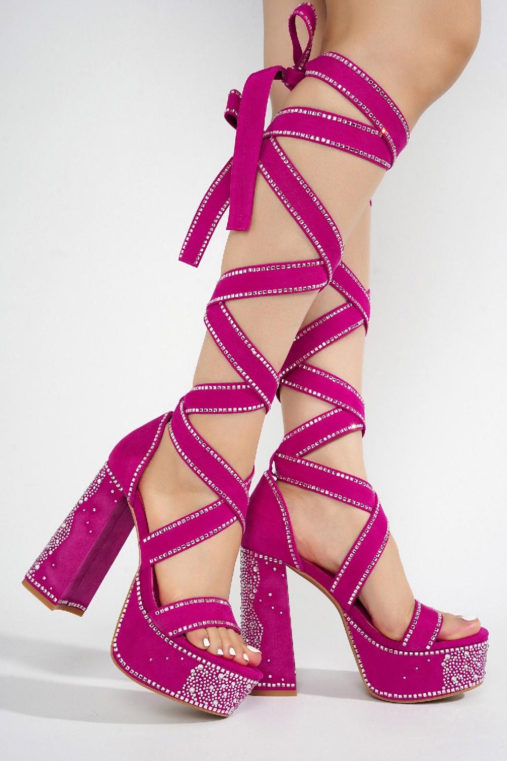 Cape Robbin Rozalie Rhinestone Lace Up Chunky Block Platform Heels - Pink