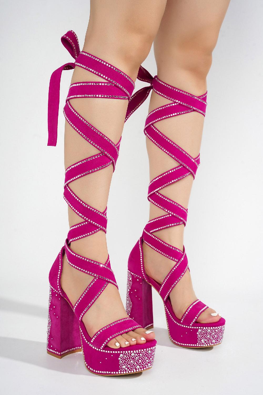 Cape Robbin Rozalie Rhinestone Lace Up Chunky Block Platform Heels - Pink