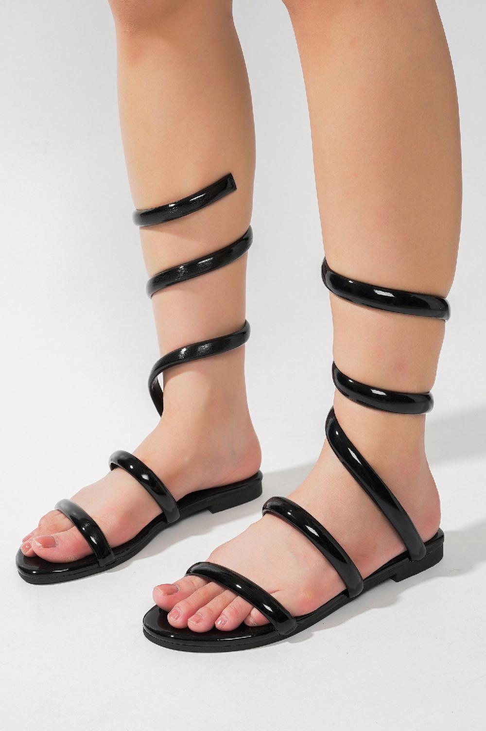 Cape Robbin Rozele Wraparound Metallic Finish Flat Sandals - Black