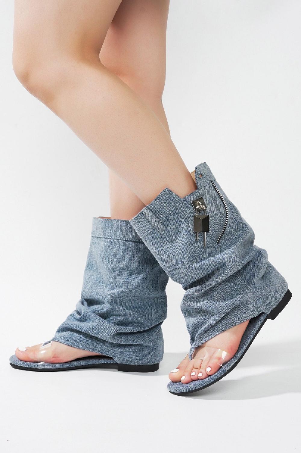 Cape Robbin Sari Slouchy Sandals With Zipper Detail - Denim