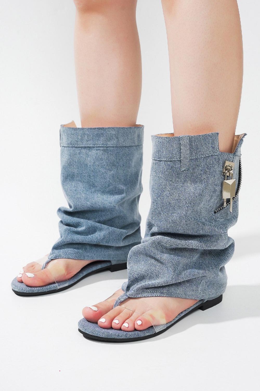 Cape Robbin Sari Slouchy Sandals With Zipper Detail - Denim