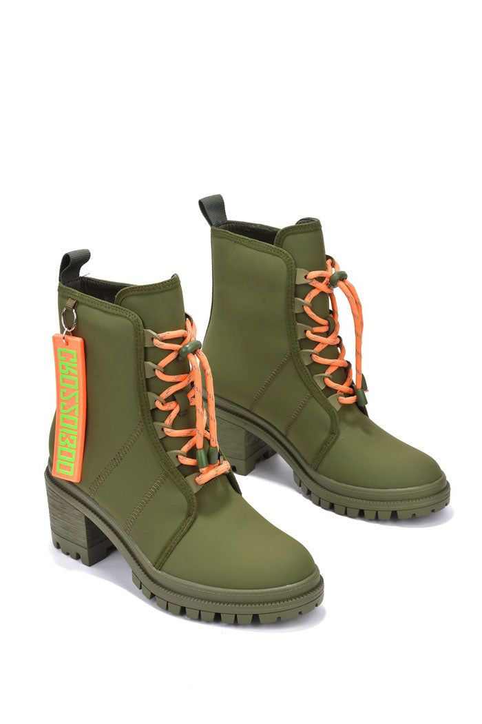 cape robbin Satarlet Round Toe Lug Block Heel Booties - Olive