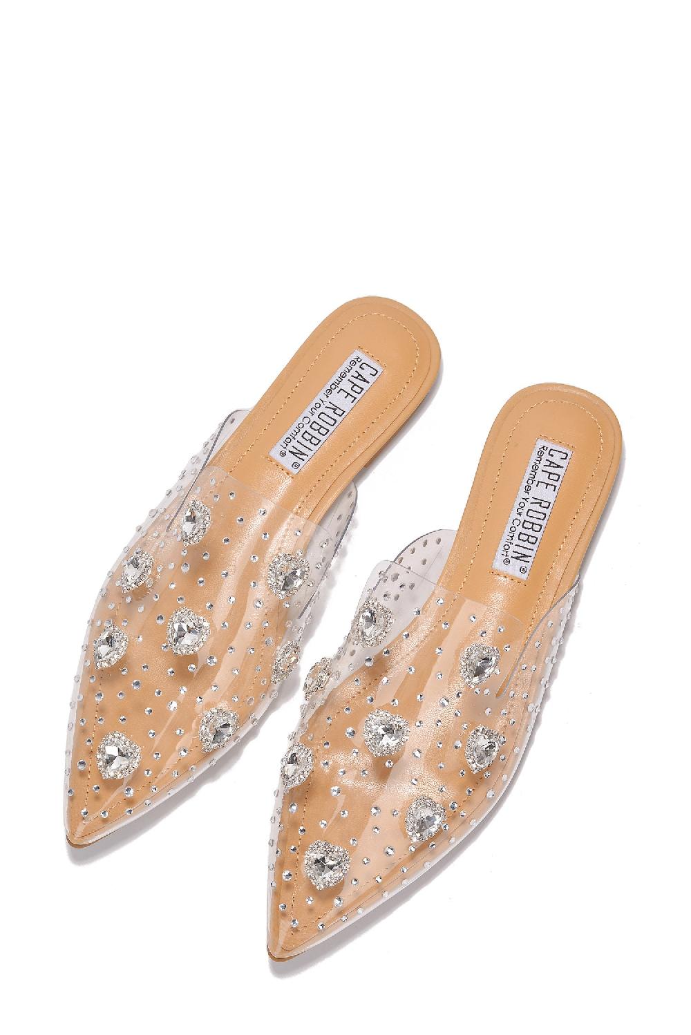 Cape Robbin Sierra Rhinestone Gem Pointy Toe Mule Flats - Nude
