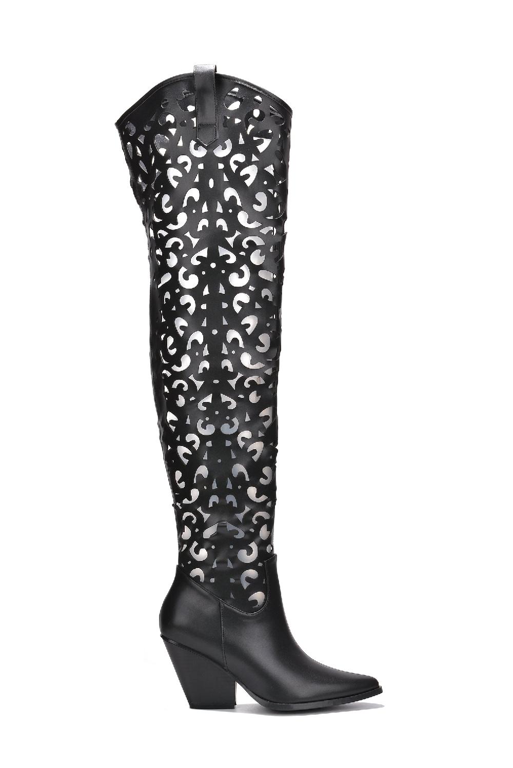 Cape Robbin Stivale Thigh High Cowboy Block Heel Boots - Black