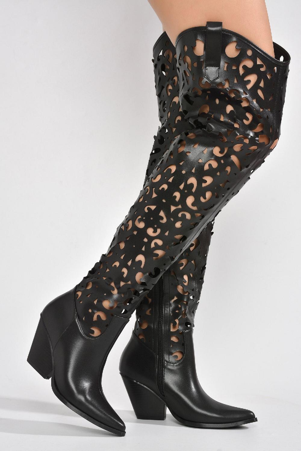 Cape Robbin Stivale Thigh High Cowboy Block Heel Boots - Black