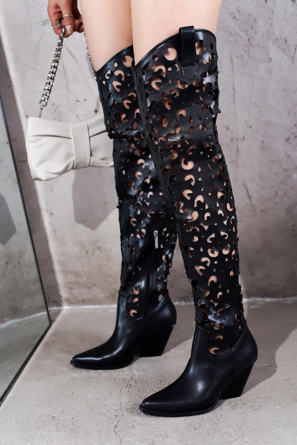 cape robbin Stivale Thigh High Cowboy Block Heel Boots - Black