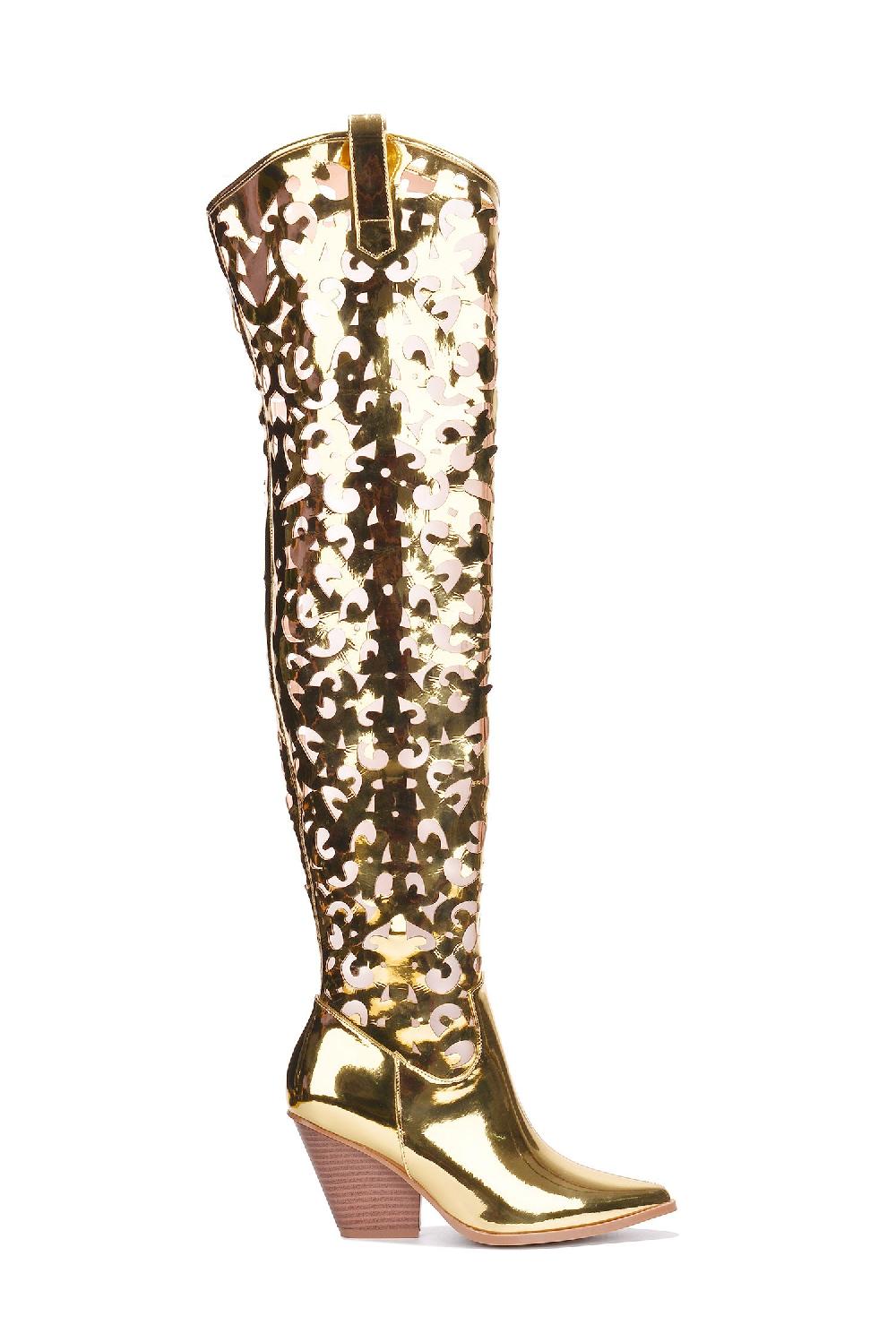 Cape Robbin Stivale Thigh High Cowboy Block Heel Boots - Gold