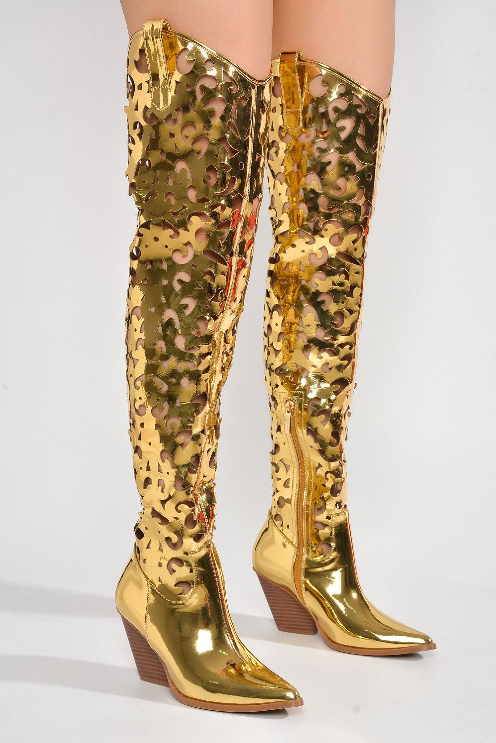 Cape Robbin Stivale Thigh High Cowboy Block Heel Boots - Gold
