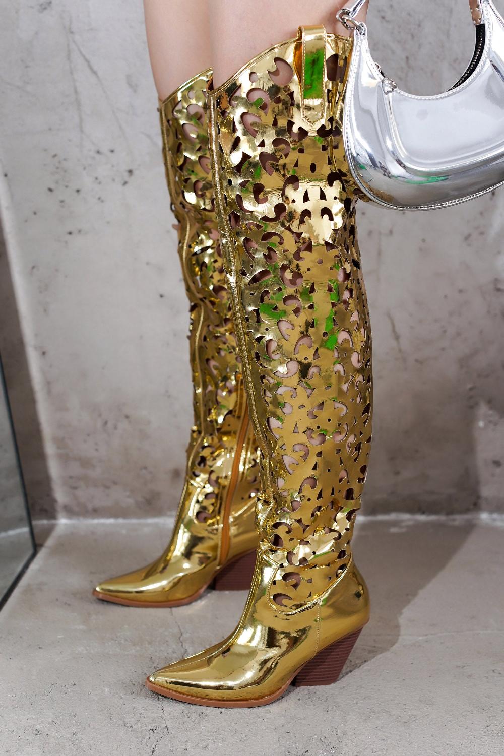 cape robbin Stivale Thigh High Cowboy Block Heel Boots - Gold