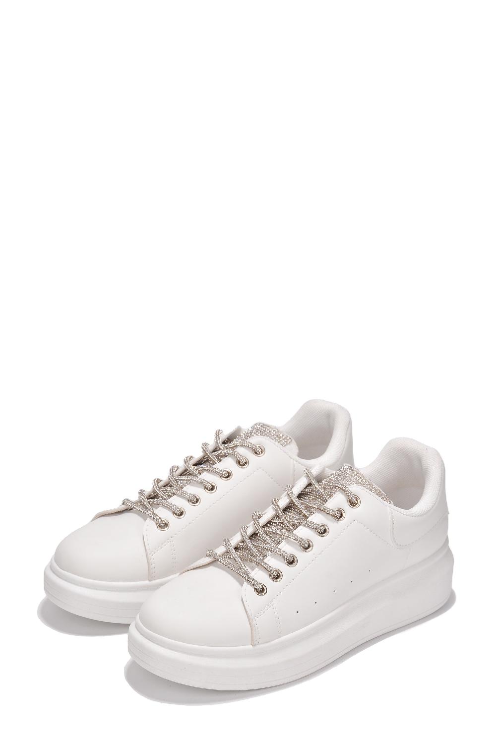 Cape Robbin Teno Rhinestone Bedazzled Tie Up Sneakers - White