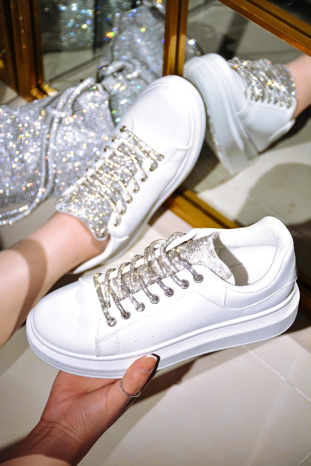 cape robbin Teno Rhinestone Bedazzled Tie Up Sneakers - White
