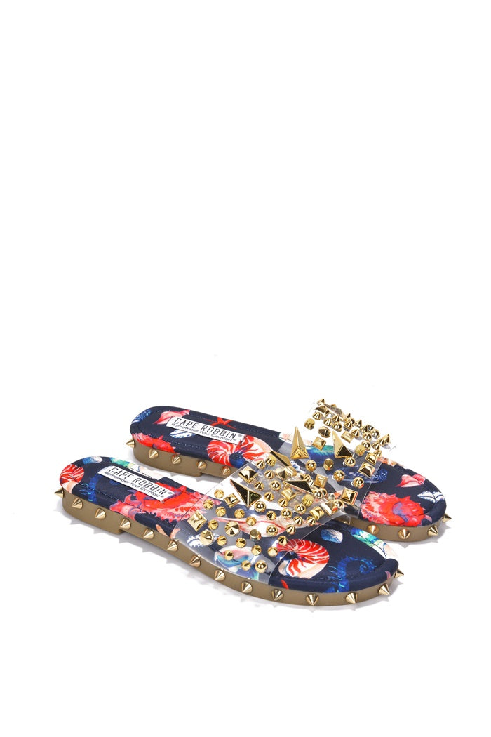 Cape Robbin Tonie Spike And Stud Adorned Flat Sandals - Print