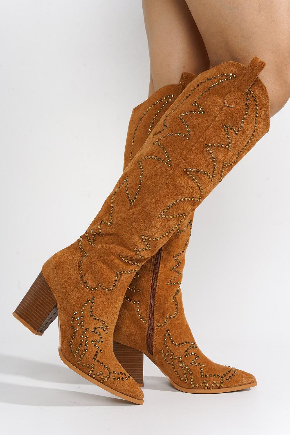 Cape Robbin Tripoli Rhinestone Suede Cowboy Boots - Tan