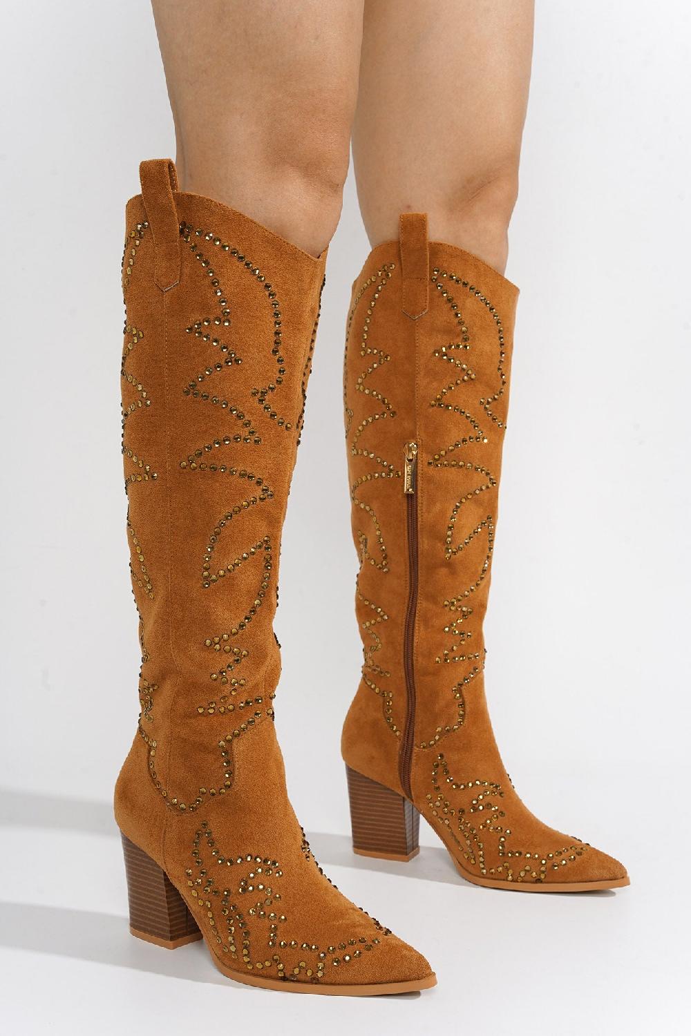 Cape Robbin Tripoli Rhinestone Suede Cowboy Boots - Tan
