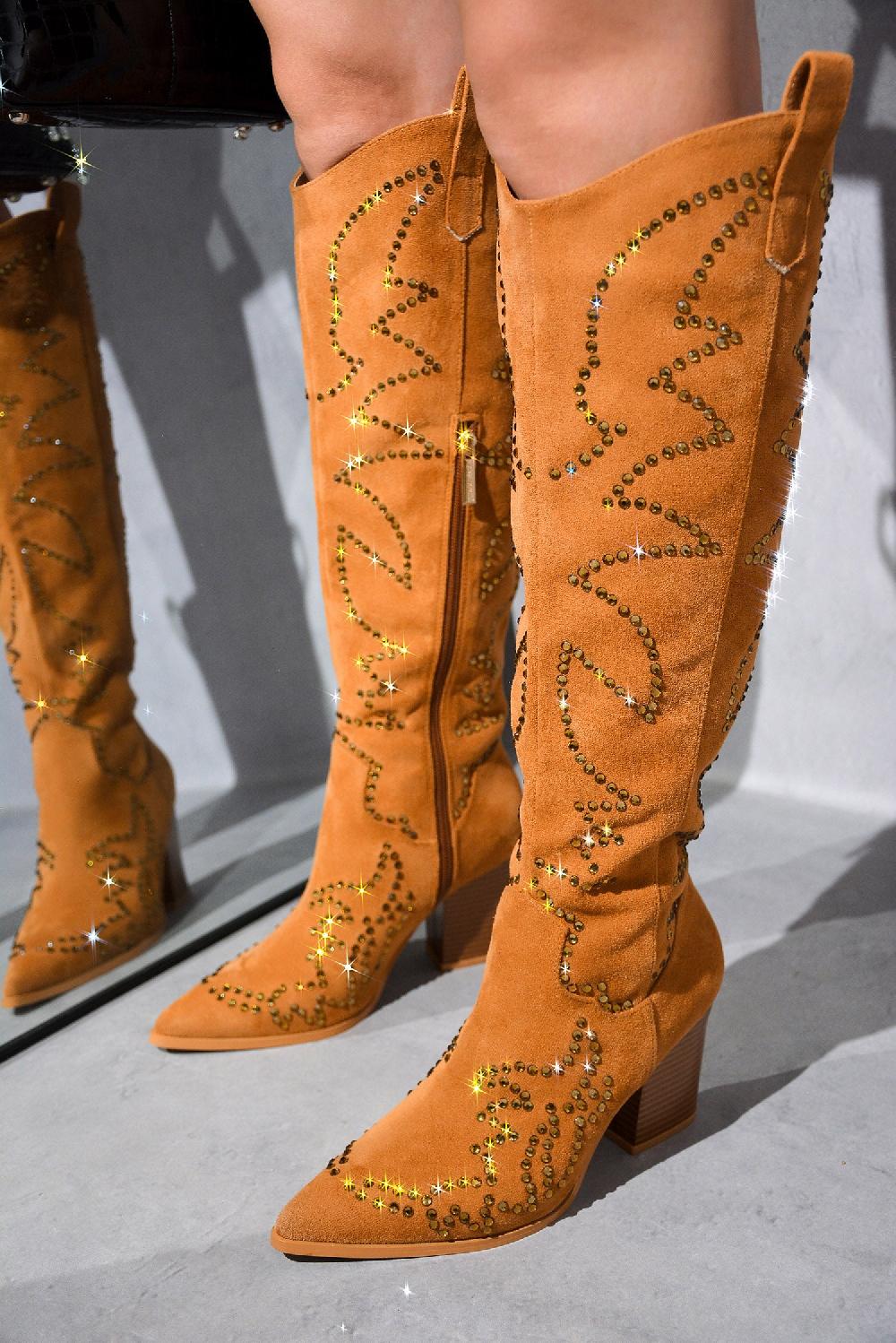 cape robbin Tripoli Rhinestone Suede Cowboy Boots - Tan