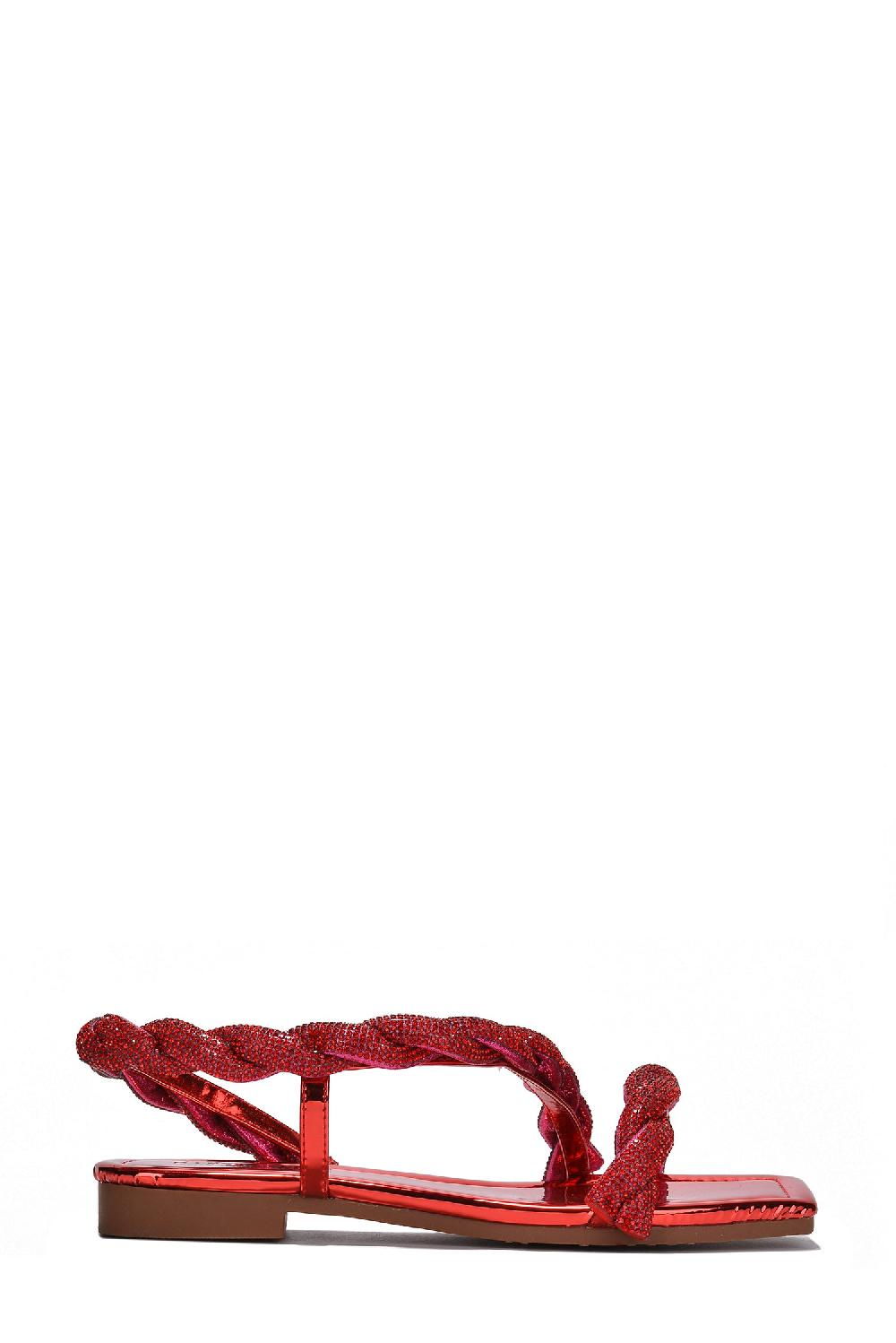 Cape Robbin Vertria Rhinestone Square Toe Flat Sandals - Red