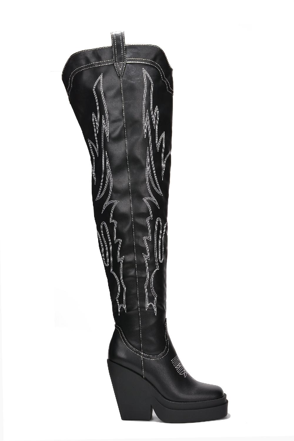 Cape Robbin Vientiane Square Toe Platform Knee-High Boots - Black