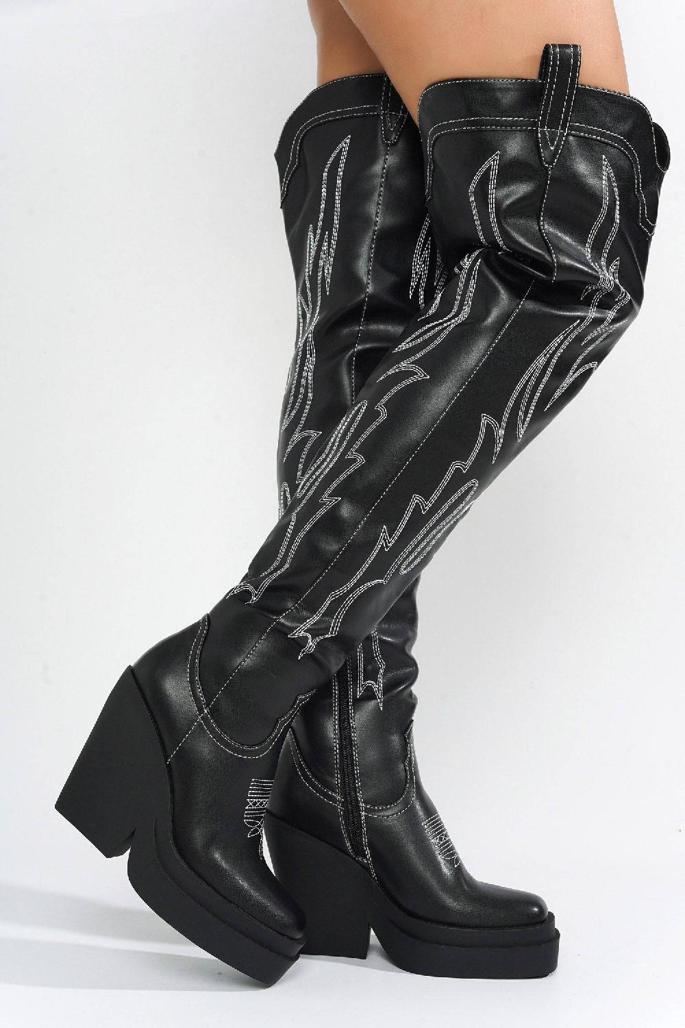 Cape Robbin Vientiane Square Toe Platform Knee-High Boots - Black