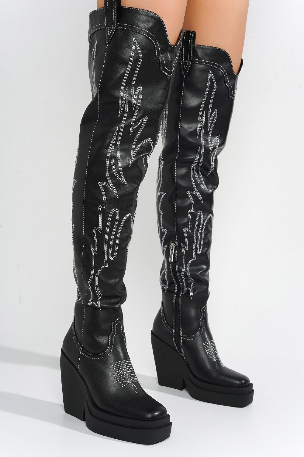 Cape Robbin Vientiane Square Toe Platform Knee-High Boots - Black