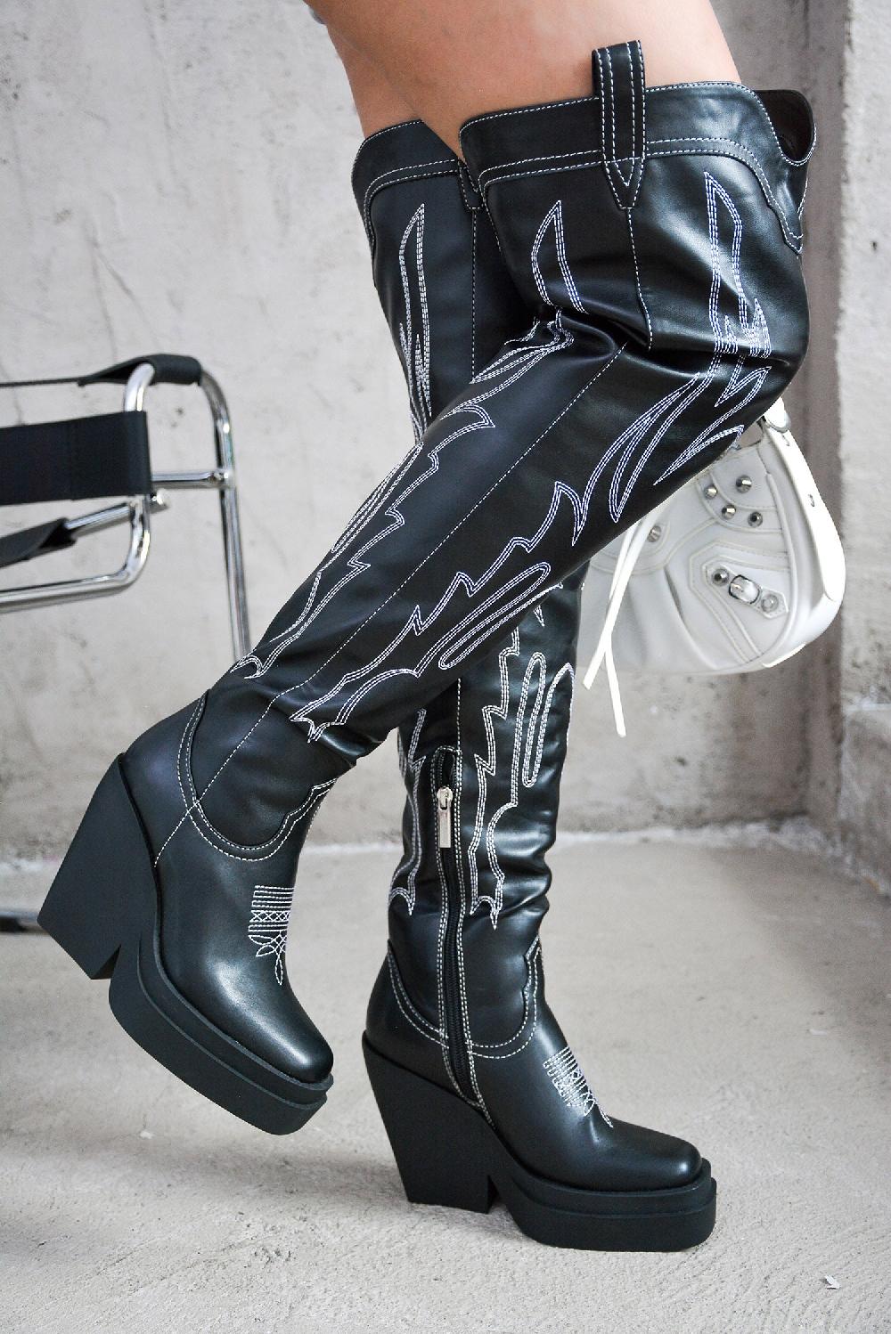 cape robbin Vientiane Square Toe Platform Knee-High Boots - Black