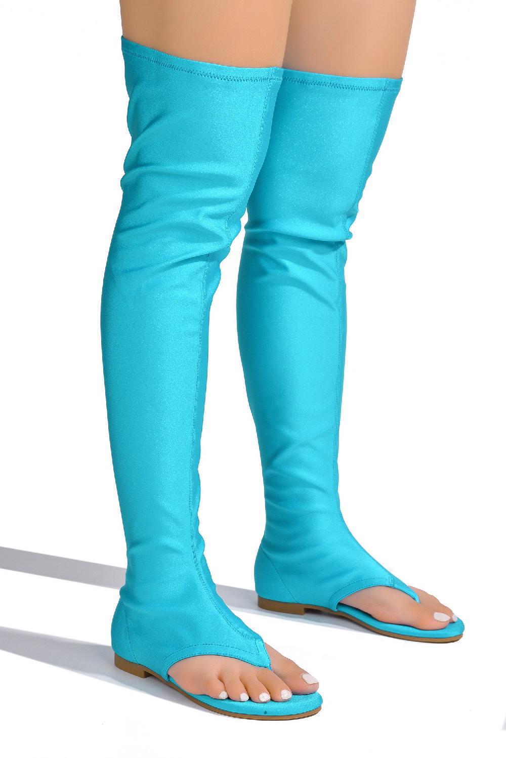 Cape Robbin Vijaya Glossy Lycra Thigh High Sandals - Aqua