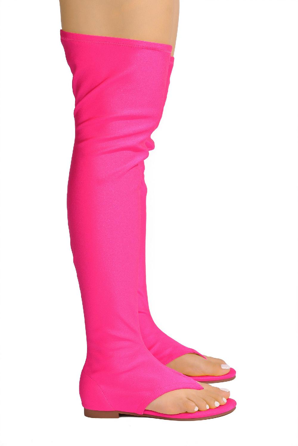 Cape Robbin Vijaya Glossy Lycra Thigh High Sandals - Fuchsia