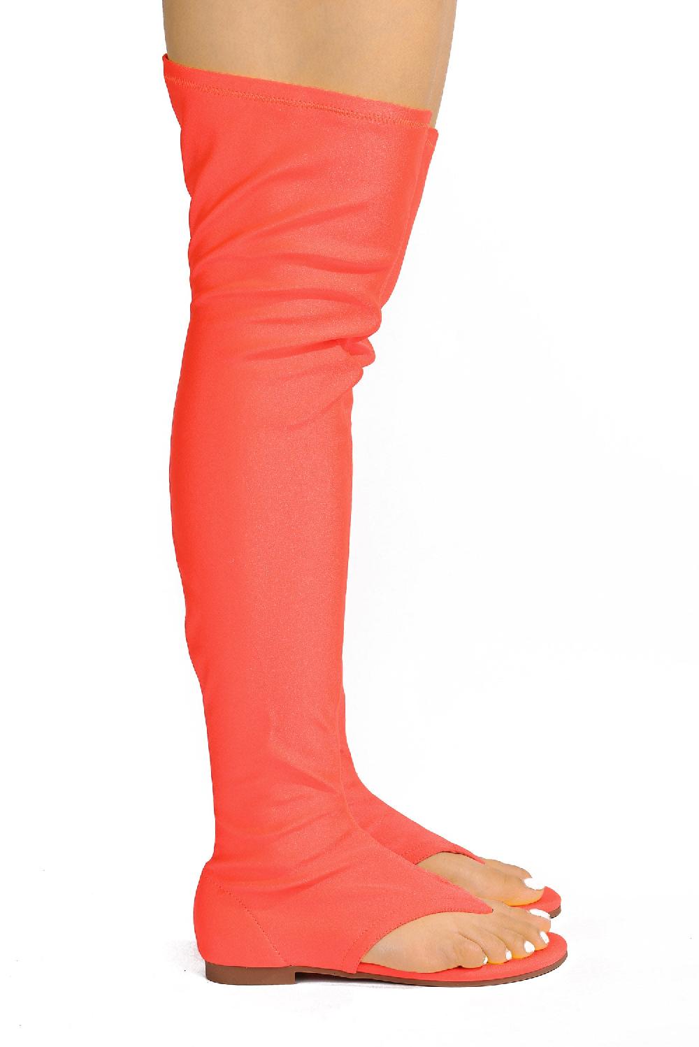 Cape Robbin Vijaya Glossy Lycra Thigh High Sandals - Orange