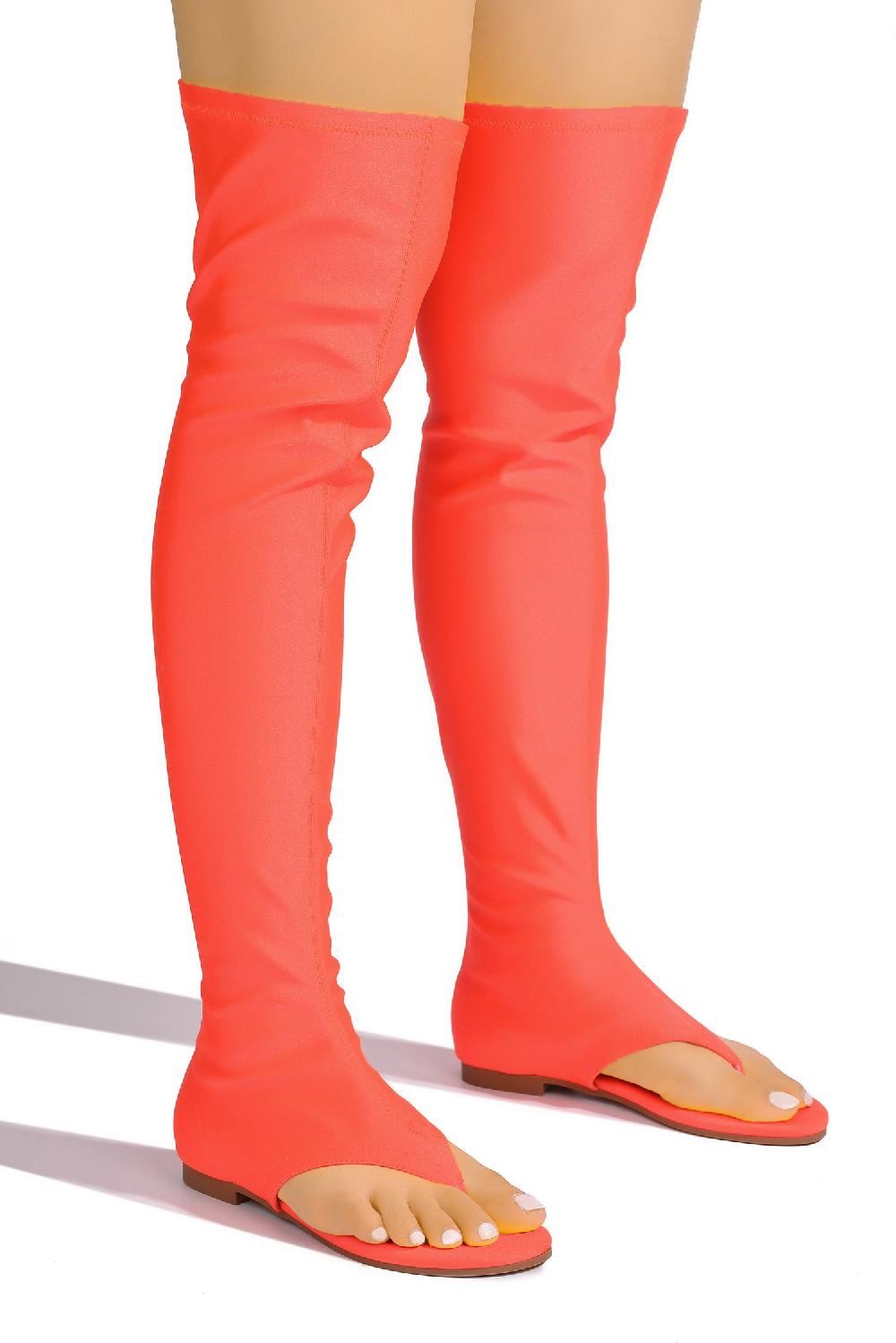 Cape Robbin Vijaya Glossy Lycra Thigh High Sandals - Orange
