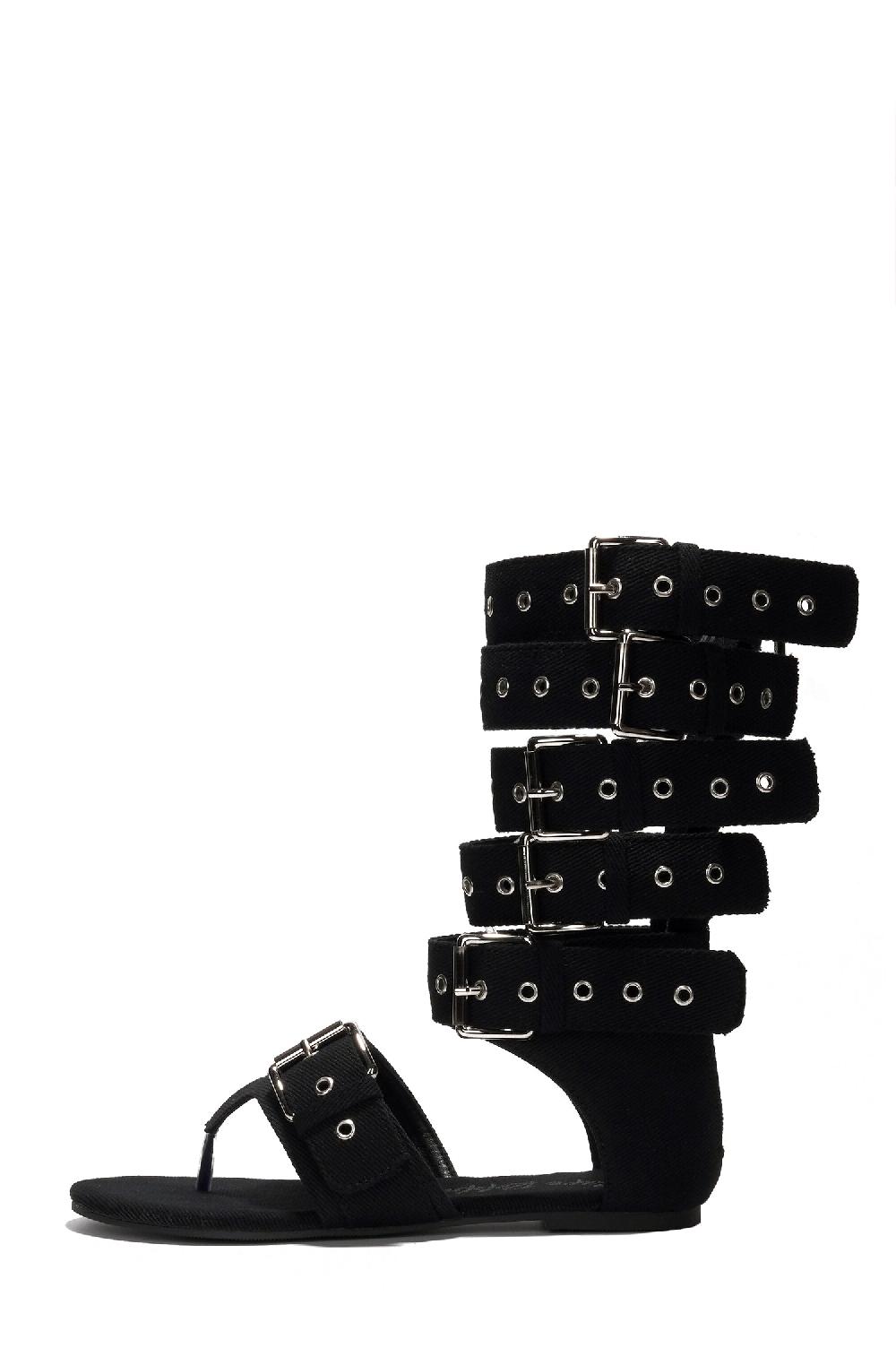 Cape Robbin Viki Denim Belt Buckled Flat Sandals - Black