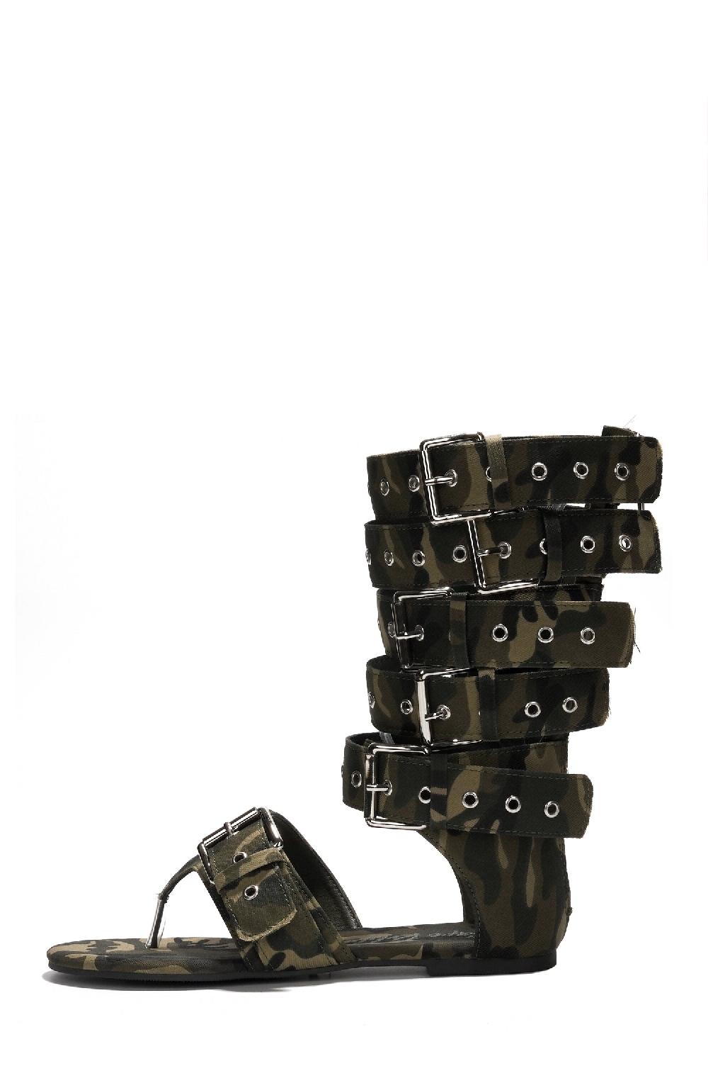 Cape Robbin Viki Denim Belt Buckled Flat Sandals - Camouflage