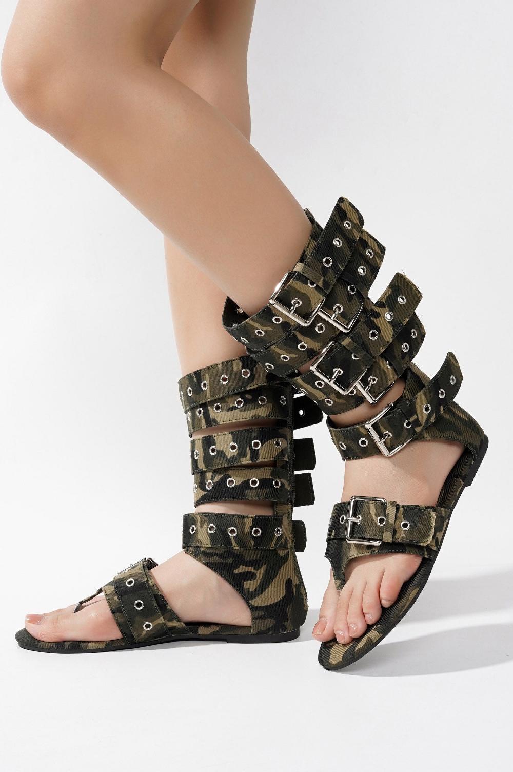 Cape Robbin Viki Denim Belt Buckled Flat Sandals - Camouflage