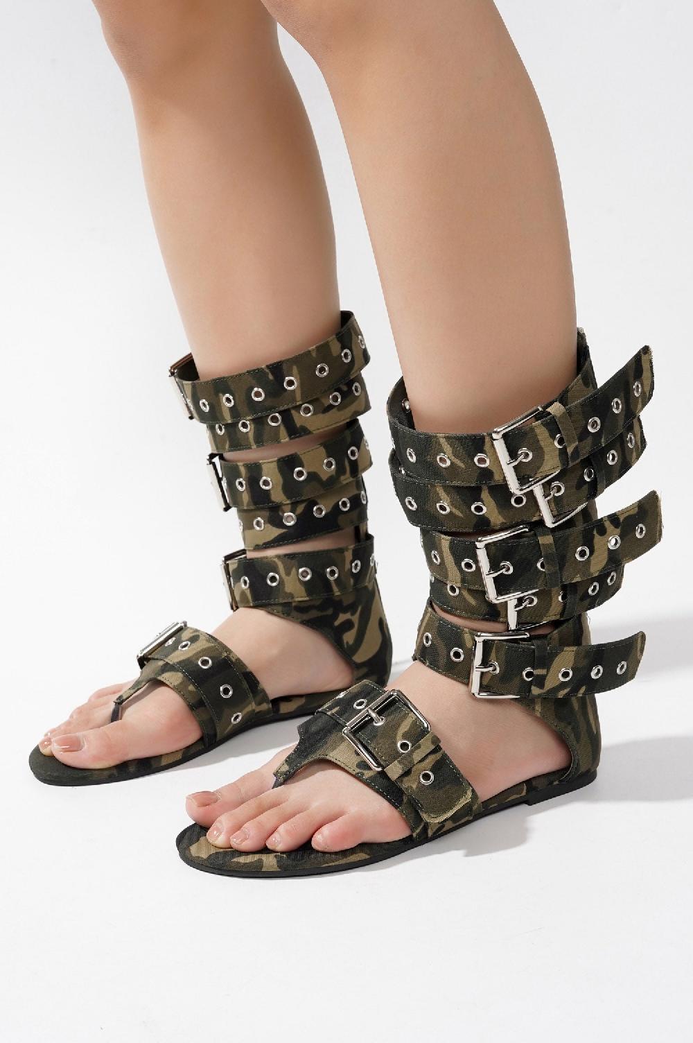 Cape Robbin Viki Denim Belt Buckled Flat Sandals - Camouflage