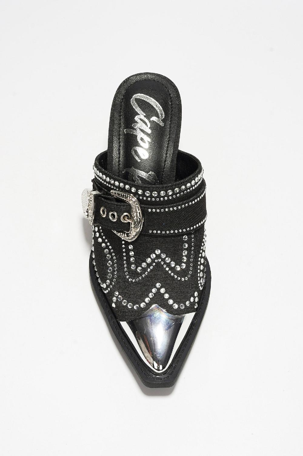 Cape Robbin Viv Rhinestone And Buckle Decor Denim Pointed Heel - Black