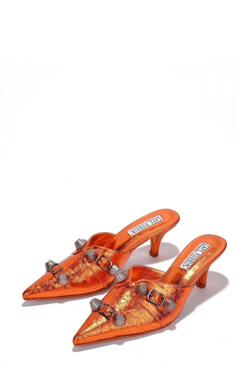 Cape Robbin Vivianly Studded Metallic Pointed Toe Barely There Heels - Orange