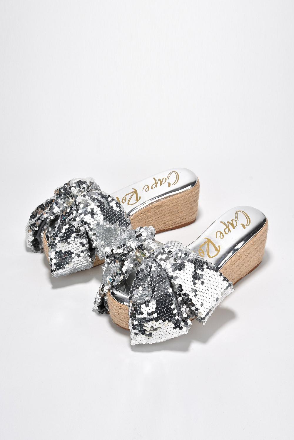 Cape Robbin Watiz Bow Sequin Platform Espadrilles - Silver