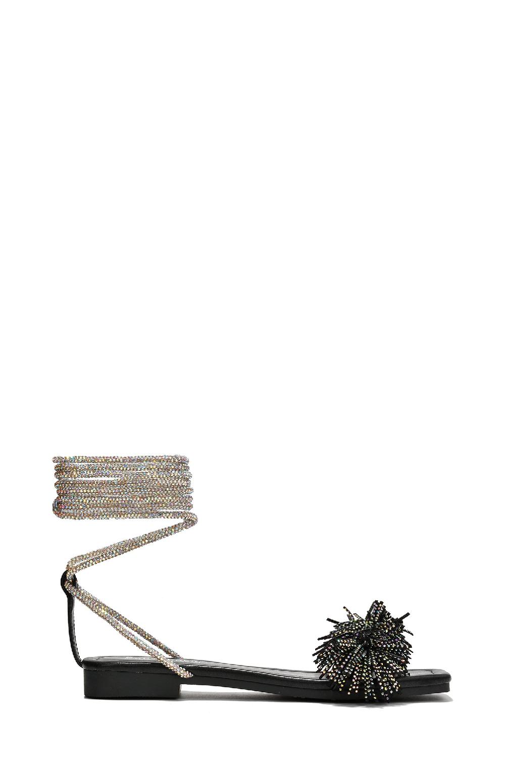 Cape Robbin Willson Strappy Lace Up Fringe Flat Sandals - Black