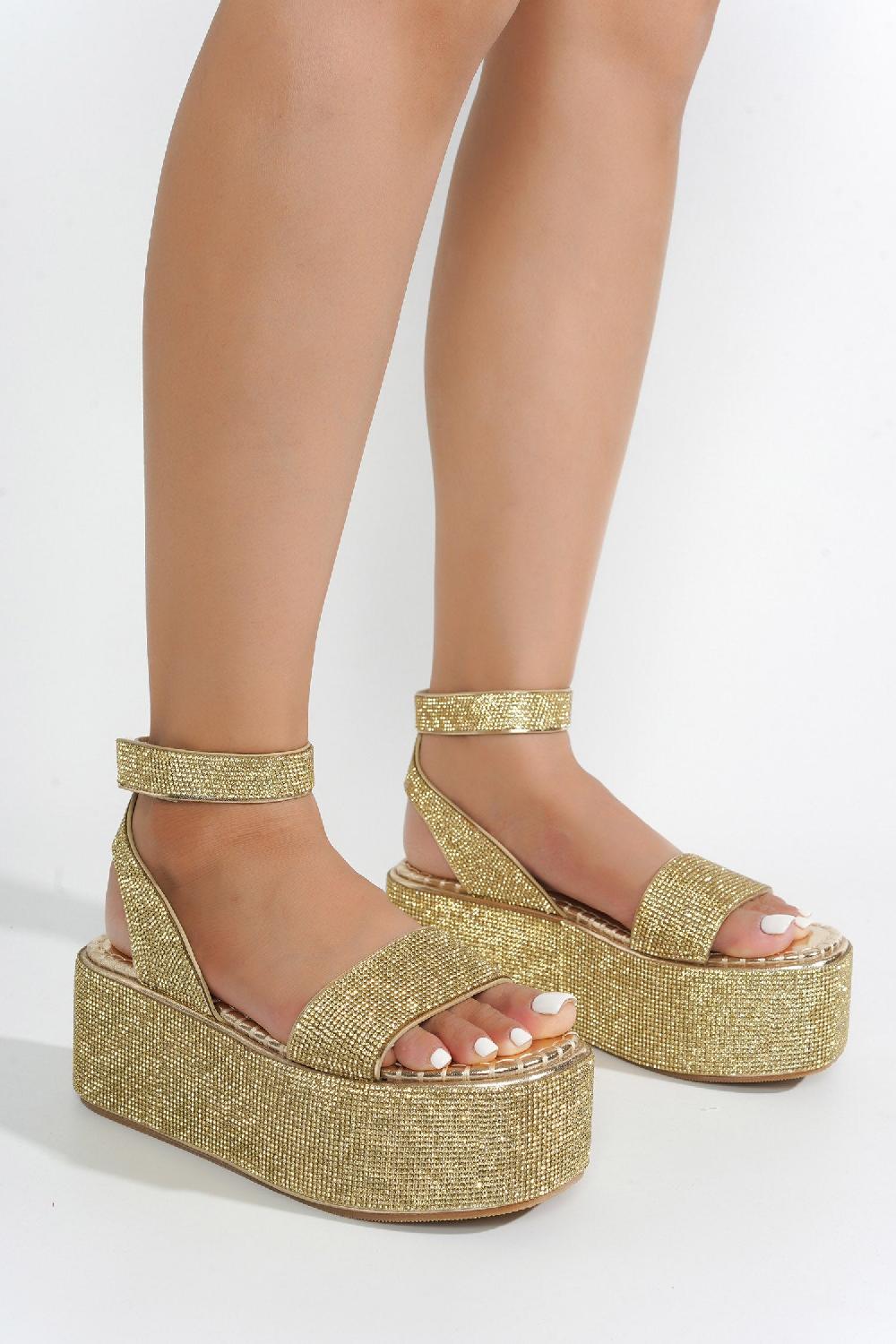 Cape Robbin Yolande Rhinestone Glitter Ankle Strap Flatform Sandals - Gold