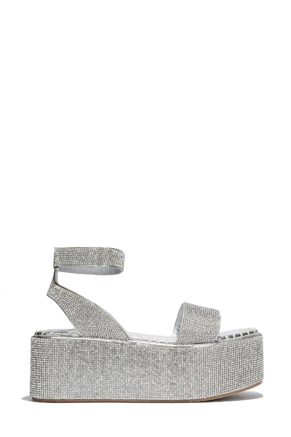 Cape Robbin Yolande Rhinestone Glitter Ankle Strap Flatform Sandals - Silver